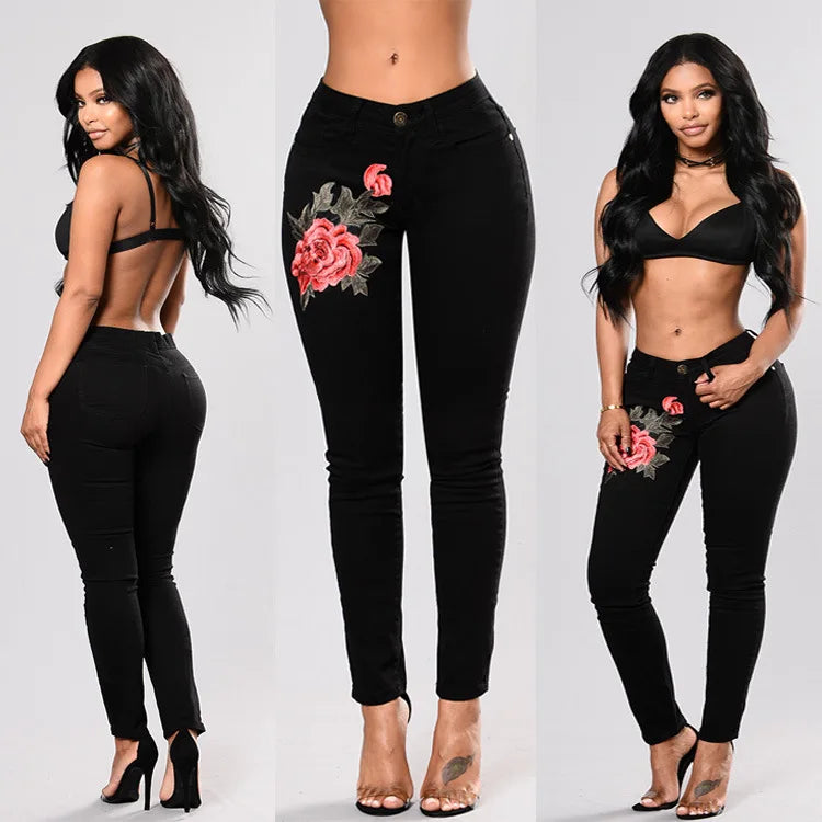 European and American Style Jeans Ripped Embroidered Women's Jeans Trousers Pencil Pants Blue Jeans for Women