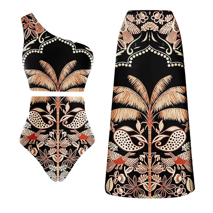 New Hollow Out One Pieces Swimwear+Skirt Bathing Suit Retro Matching Set for Women Two Peices Swimwsuit Bikinis Monokini Set 4