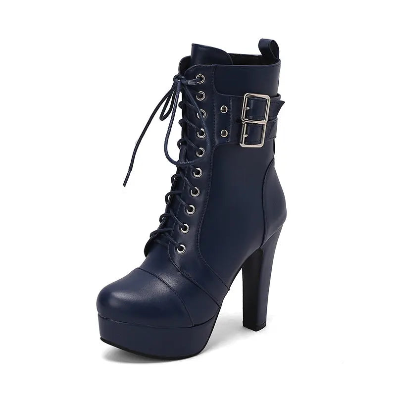 SIMLOVEYO Fashion Women Boots Round Toe Chunky High Heels 12cm Platform 2.5cm Lace Up Belt Buckles Size 47 48 49 50