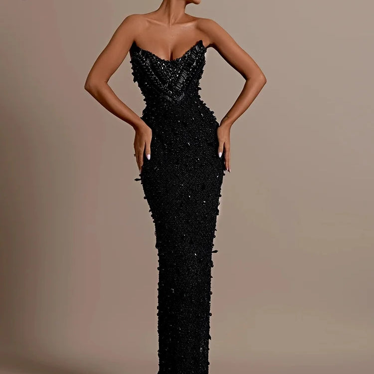 VC Stunning Strapless Sleeveless Black Crystal Sequin Dress Luxury Party Evening Gown