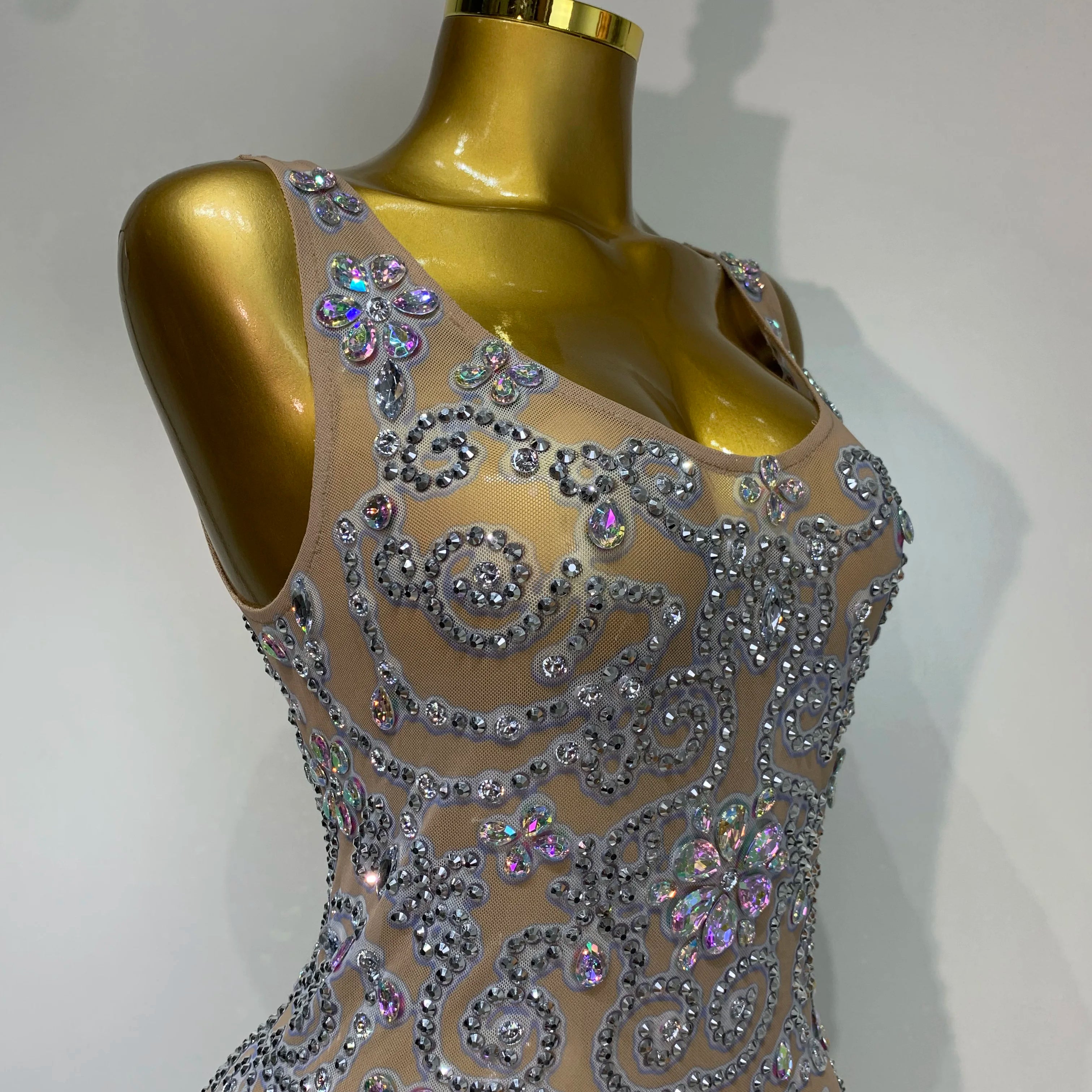 Celebrity Elegant Party Sparkly Rhinestones Transparent Mesh Short Dress Luxury Birthday Nightclub Outfit Perform Stage Costume