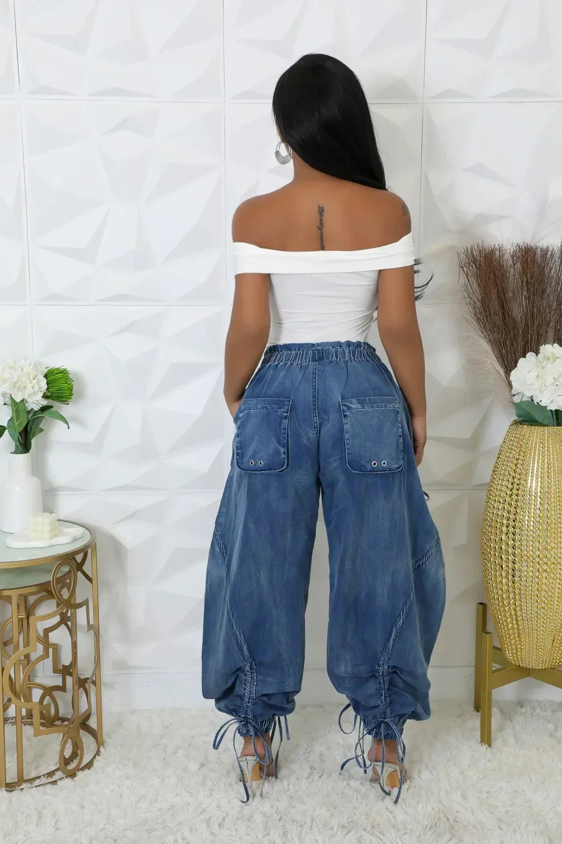 CM.YAYA Women Streetwear Drawstring Fashion Fly Denim Pants 2024 Autumn Loose Safari Style Cargo Harem Hip Hop Jeans