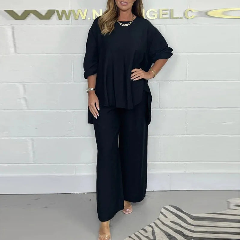 Elegant Casual Solid Color Loose 2pc Set Fashion O Neck Long Sleeve Pullover+Wide Leg Pants Outfits Spring Simple Loose Soft Set 03 Dark blue