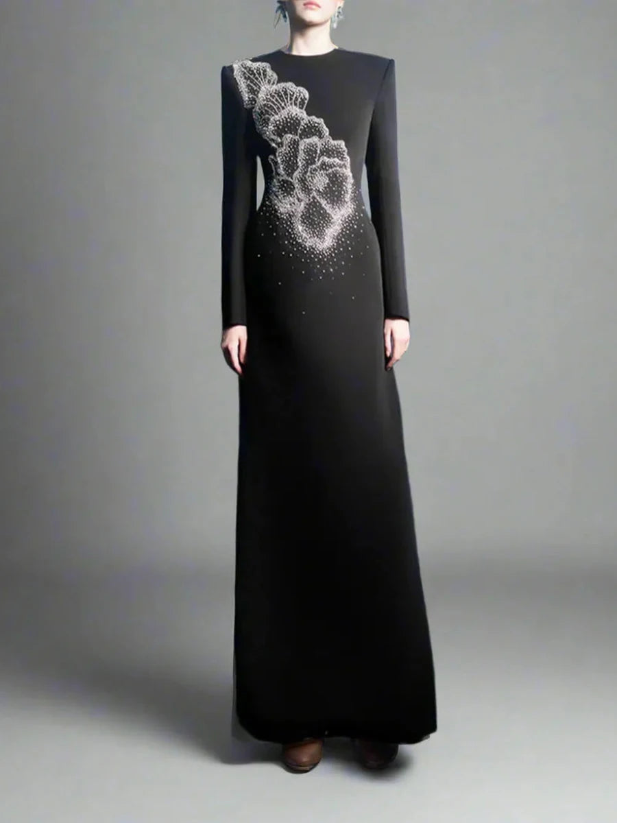 TWOTWINSTYLE Solid Spliced Stick Drill Elegant Dresses for Women Round Neck Long Sleeves Temperamnet Dress Female Fashion New