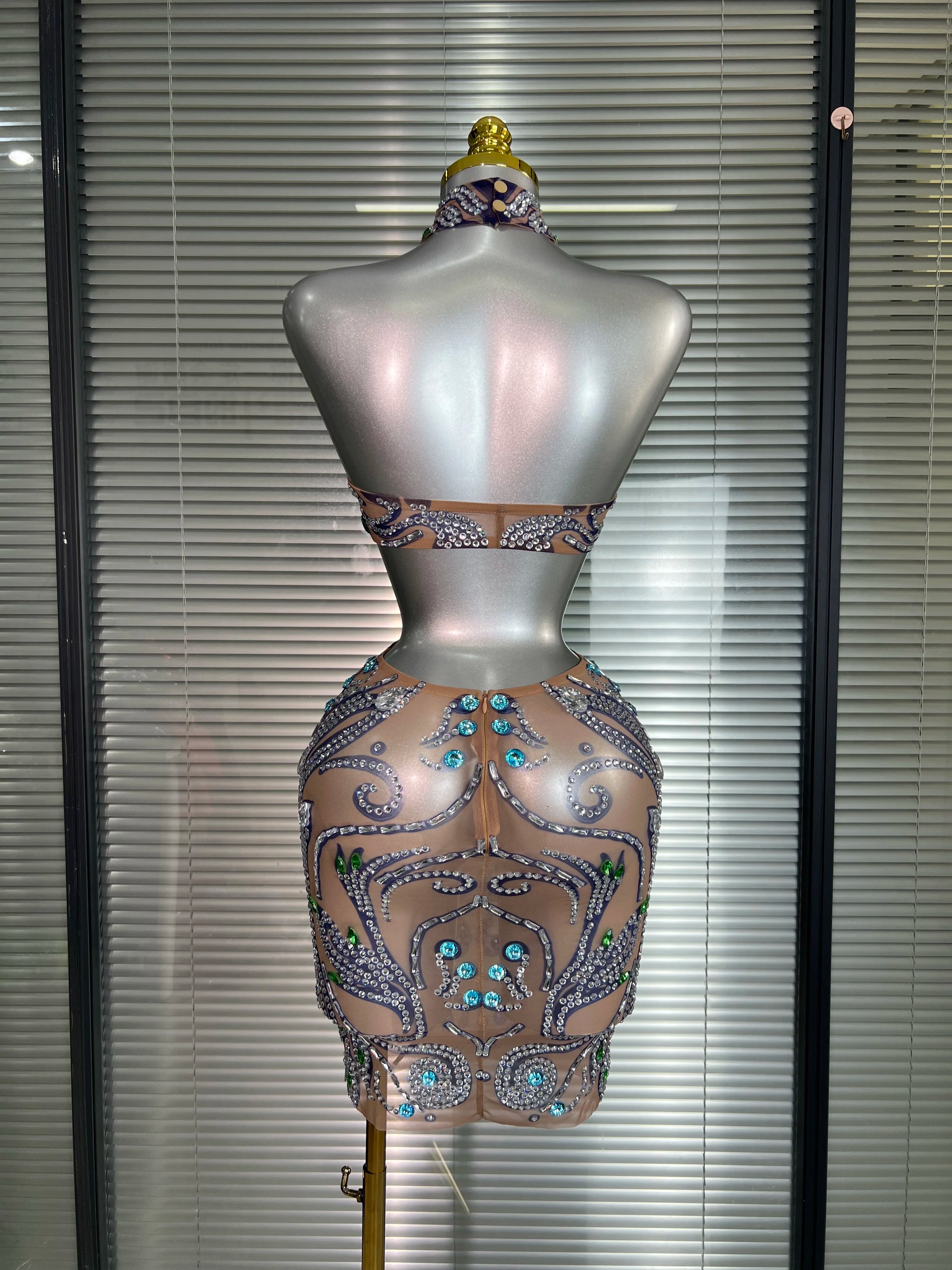 Celebrity New Women Sexy Print Mesh Sheer Crystal Rhinestones Stage Costume Stage Dancer Night Club Mini Party Dress