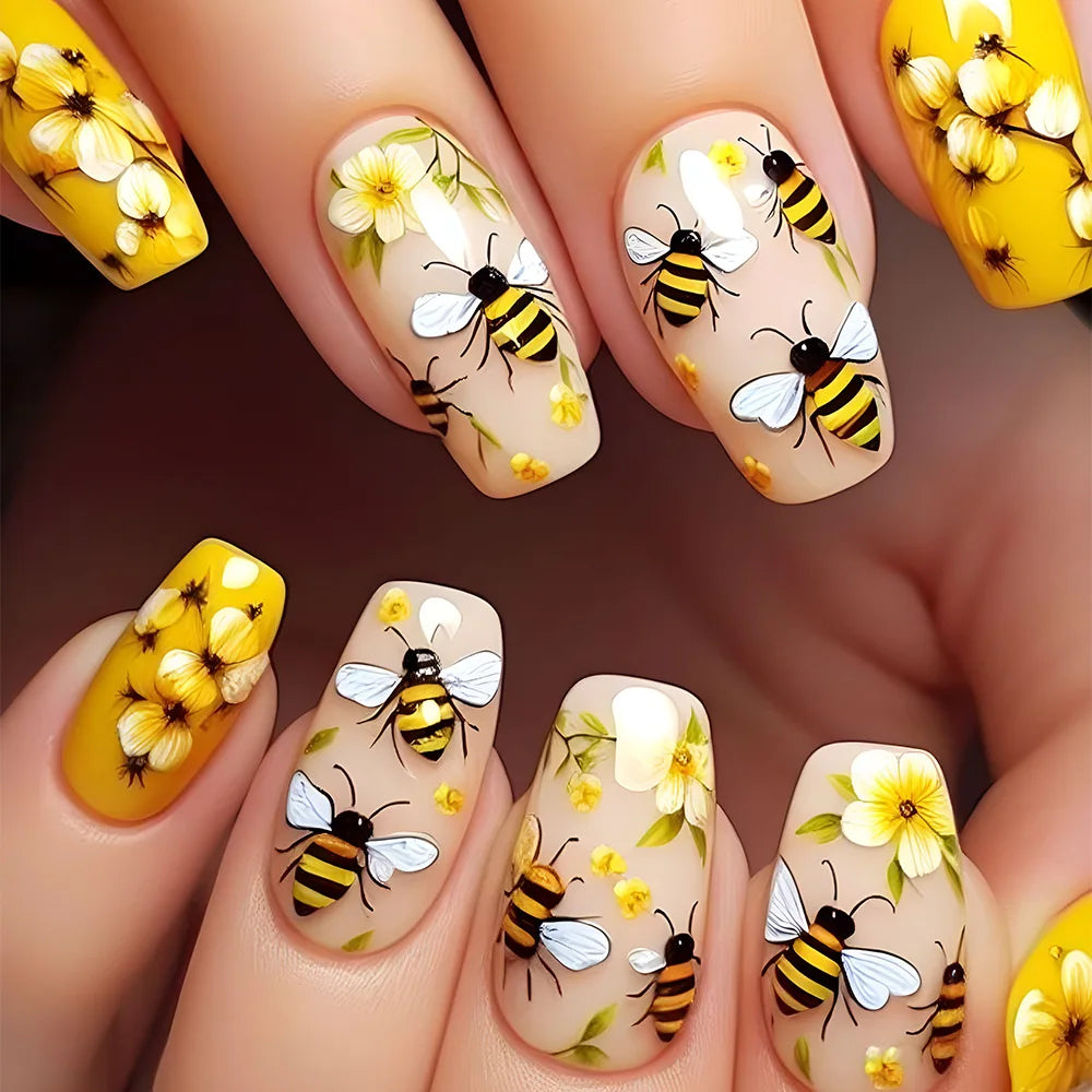 24Pcs Cute Bee False Nails with Jelly Glue Mid-length Ballet Fake Nail Art Tips Yellow Flower Design Wearable Nails Set Press On