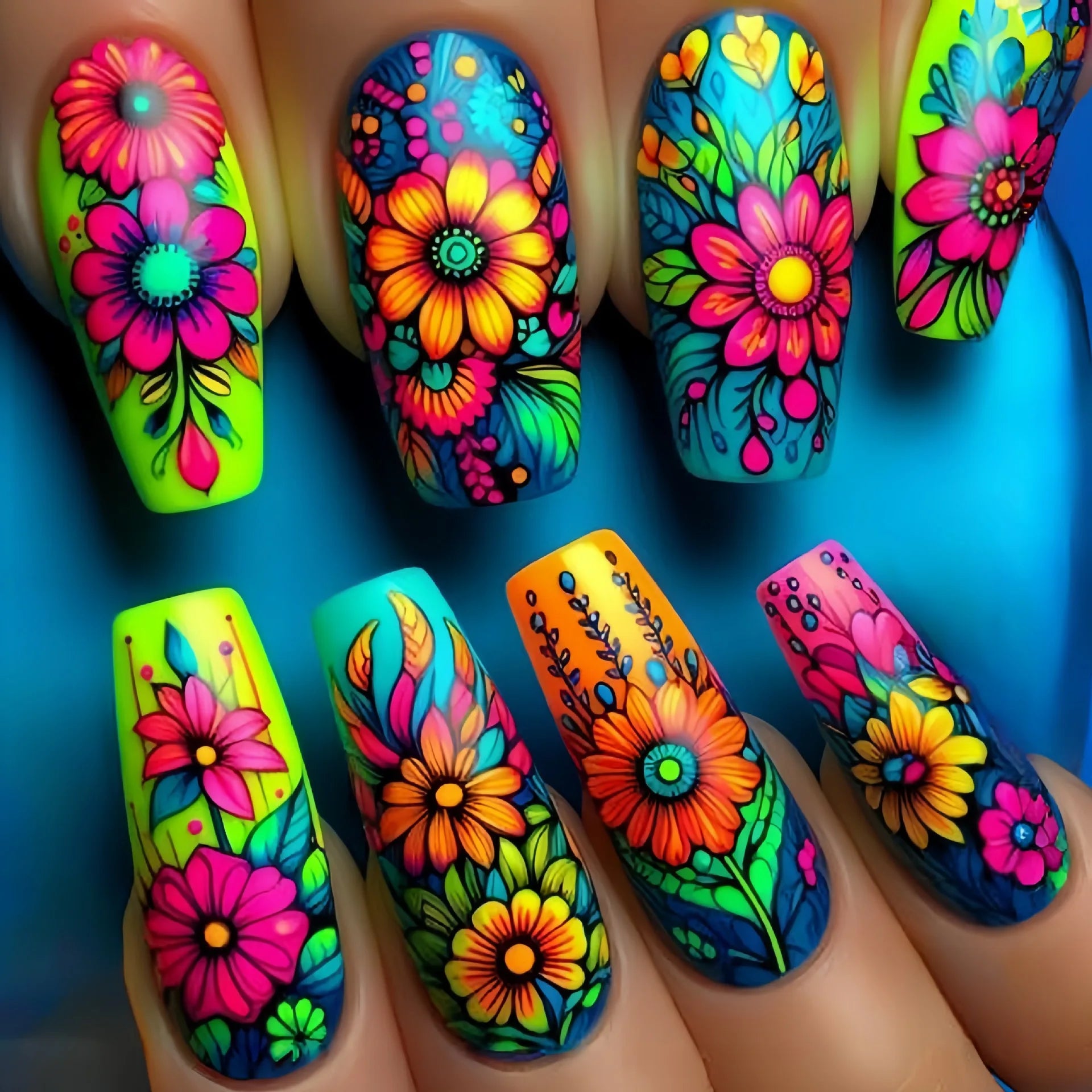 24Pcs Green Colorful Press on Fake Nails with Watermelon Lemon Pattern Manicure Set Plant Flowers Design Long Ballet False Nails