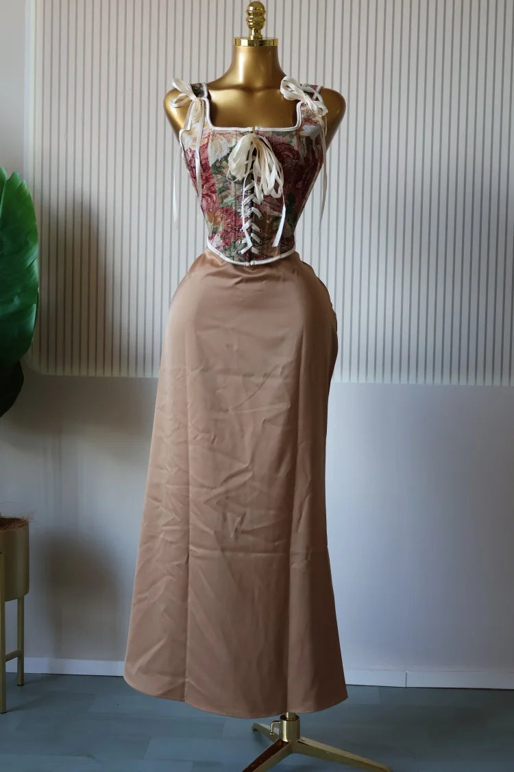 CM.YAYA Women's Dress Set Print Bow Corset Top and Maxi Long Skirt Suit 2025 Summer Elegant Evening Two 2 Piece Set Outfits