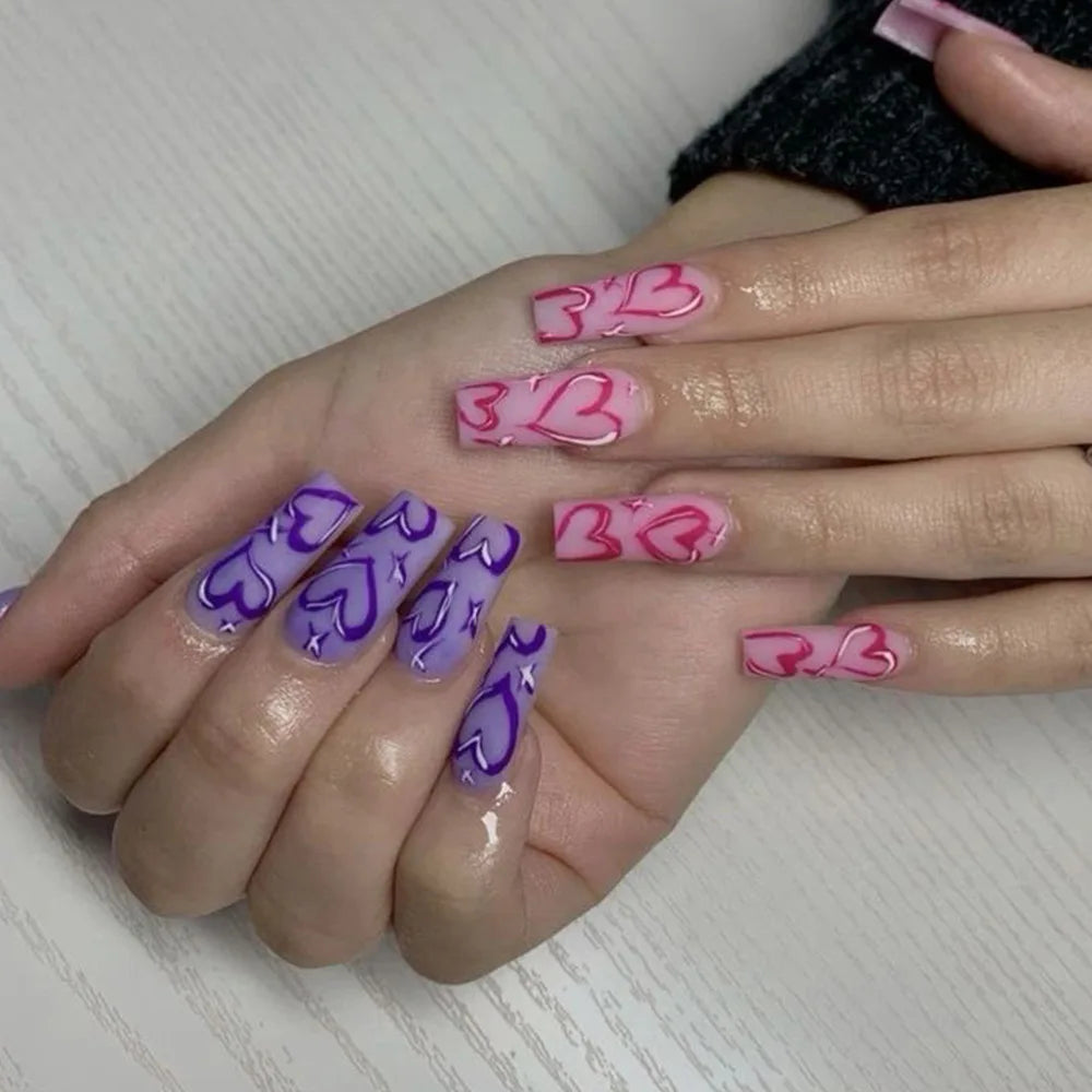 Black Long Coffin Fake Nails Square Head Press on Nails Love Heart Printed Women Girls Valentine's Day Wearable False Nail 24Pcs