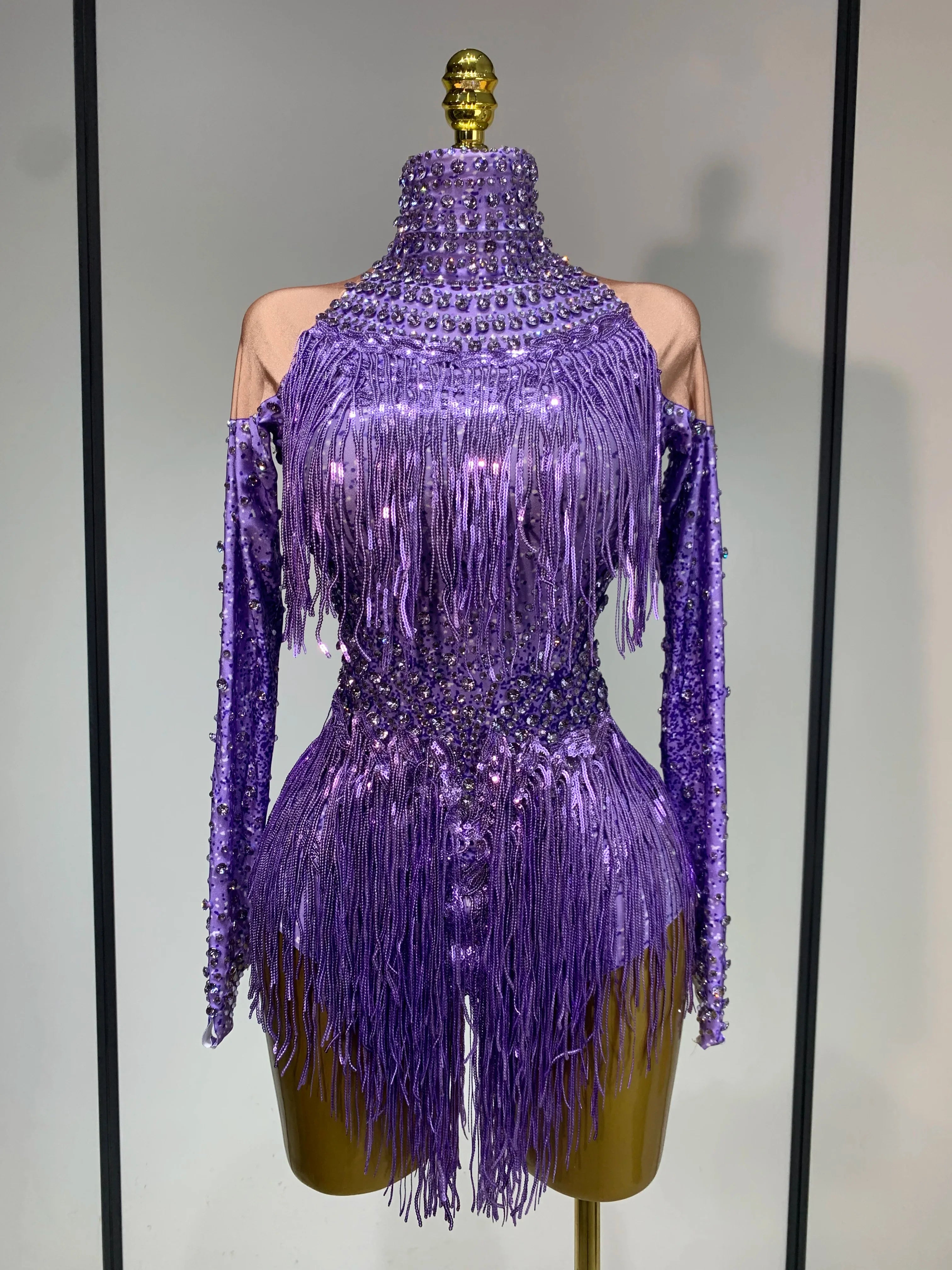 Women Sexy Purple Red Stretchy Long Sleeve Bodysuit Nightclub Singer Dancer Tassel Stage Costume Evening Party Birthday Outfit