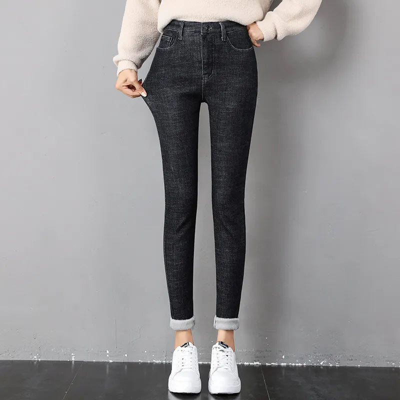 Fashion Stretch High Waist Pencil Pants Female Casual Velvet Jeans Womens Jeans Thick Women Pants