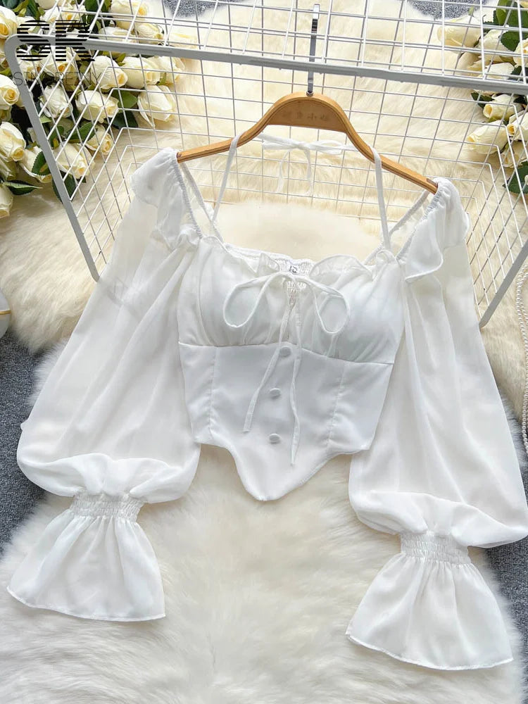 Flare Sleeve Women Tops Ruffle Solid Elastic Waist Halter Backless Chiffon Slim Ladies Harajuku Sexy Short Blouse