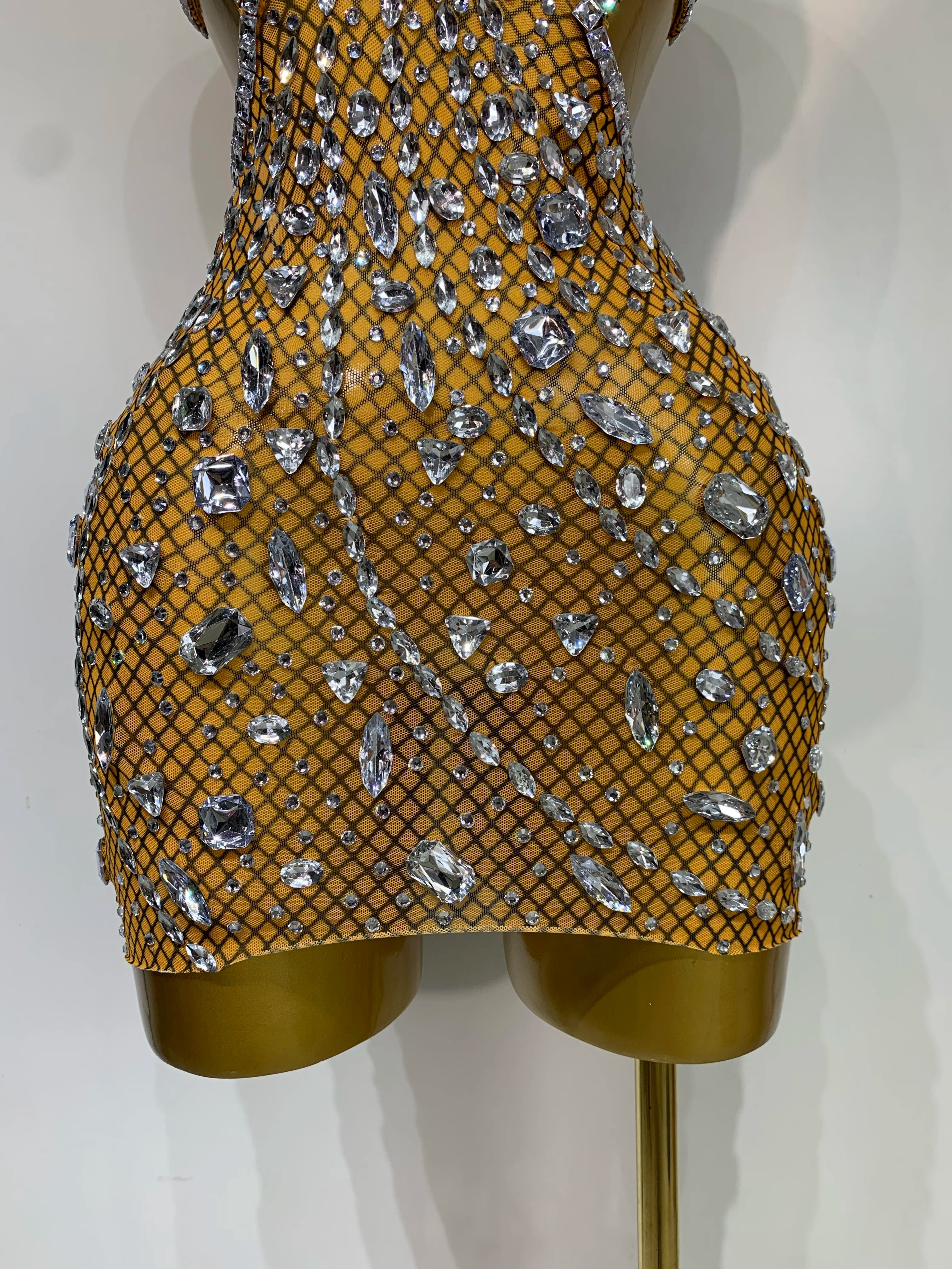 Sparkly Rhinestones Backless Mini Dress Women Sexy Mesh Transparent Celebrate Evening Birthday Dress Photo Shoot Stage Wear