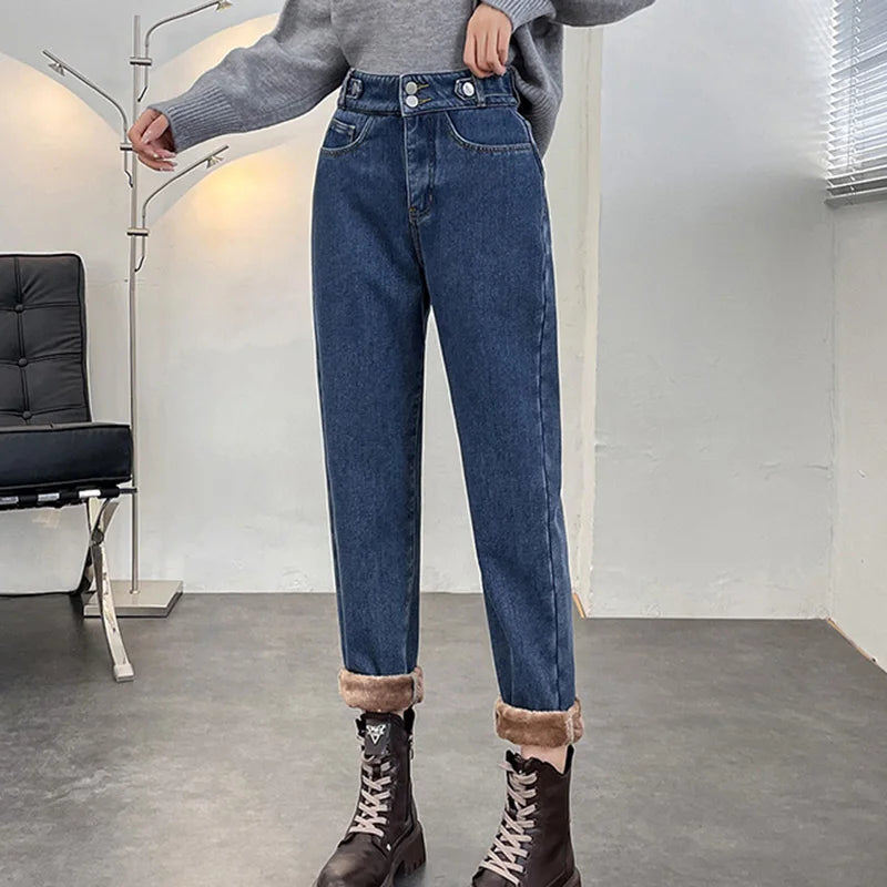 Women Winter Velvet Jeans Fleece Loose Harlan Pants Fleece Soft Comfortable Boyfriend Jeans Denim Blue Cropped Pants
