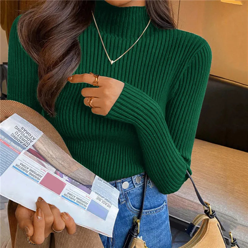 Winter Turtleneck Women's Sweater Knitted Pullover Soft Slim Long Sleeve Top Solid Color Basic High Neck Jumper Woman Clothing C-half neck-green One Size(40-65kg)