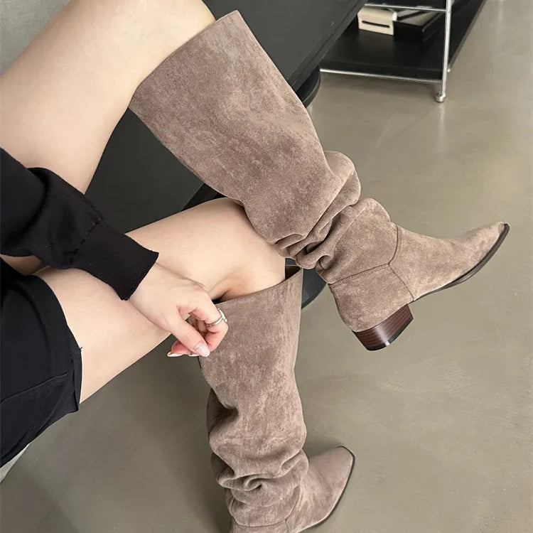 Low Heel Pleated Boots Autumn Winter New Square Head Knee Length Long Boots Suede Women's Shoes Black Beige Green Gray