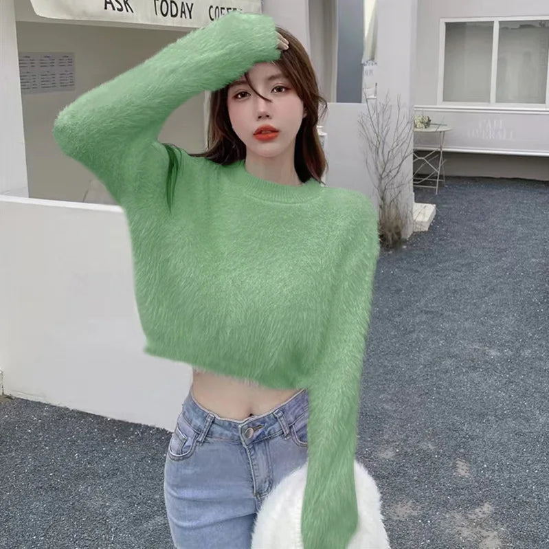 Women Sweater Top Faux Mink Hairy Pullover O Neck Long Sleeve Loose Short Sweater Lady Casual Soft Warm Jumper Knitted Tops G one size