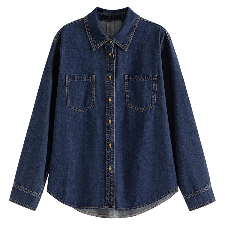 Deep Blue Soft Denim Shirt Women's Autumn Winter Long Sleeved Retro Casual Layered Shirt Blue Women Tops For Work
