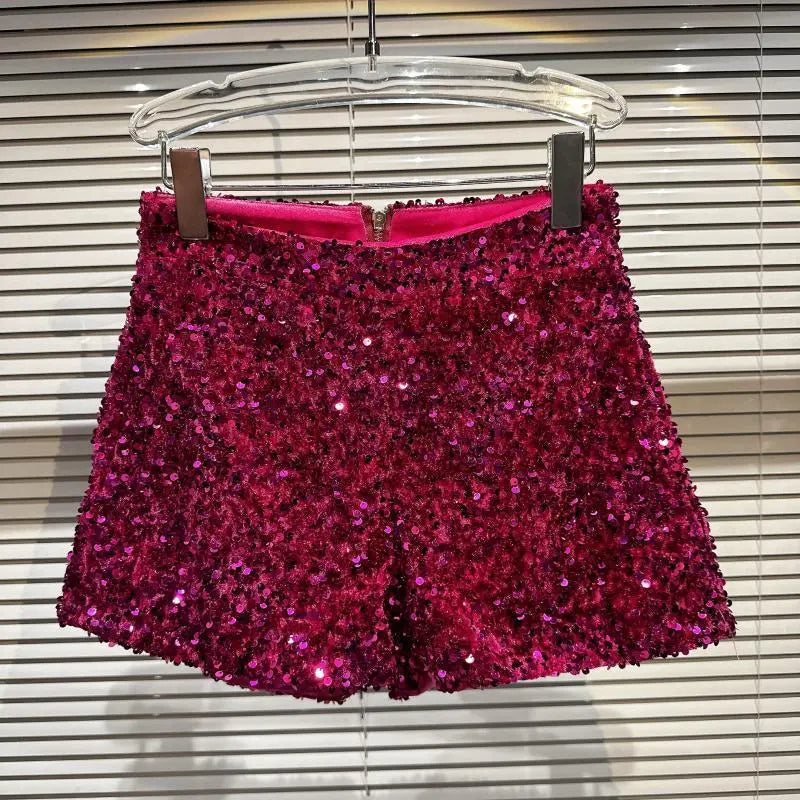 New Clubwear Shorts Ladies Sexy Sequins Shorts Loose High Waist Streetwear Wide Leg Short Pants Sliver Black Women Clothing Rose Red
