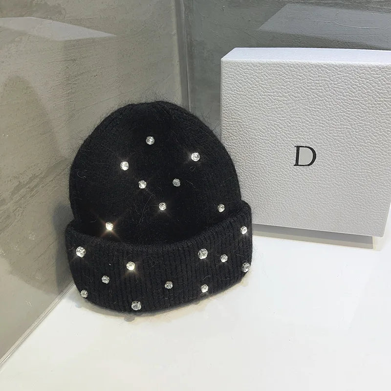 Franch Luxury Rabbit Fur Knitted Hat hinestone Beads Fashion Korean Cap Women Winter Fashion Thickened Warm Beanies black Adult