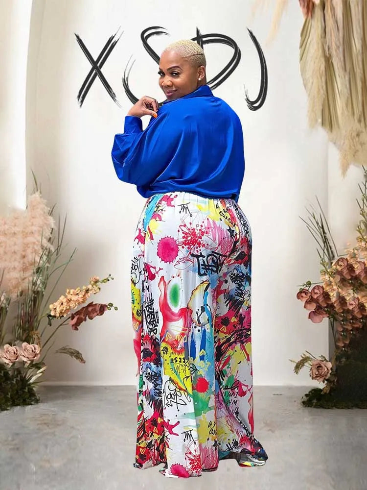 2piece Woman Outfit Streetwear Blue Silk Blouses Women Plus Size Autumn Top and Pants Suits 4xl Casual Female Pants Sets