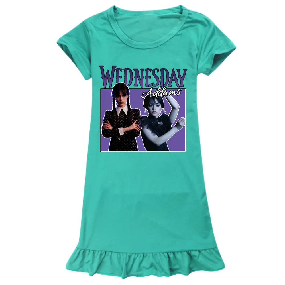 Summer Fashion Wednesday Addams Costume Kids Casual Dress Toddler Girls Short Sleeve Dresses Children A-line Party Sundress COLOR 1