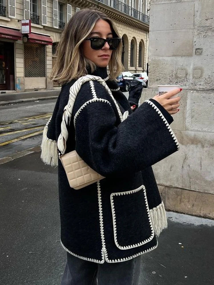 Fashion Embroidery Coat With Scarf For Women Long Sleeve Pockets Jacket Female Autumn Single Breasted Loose Lady Streetwear