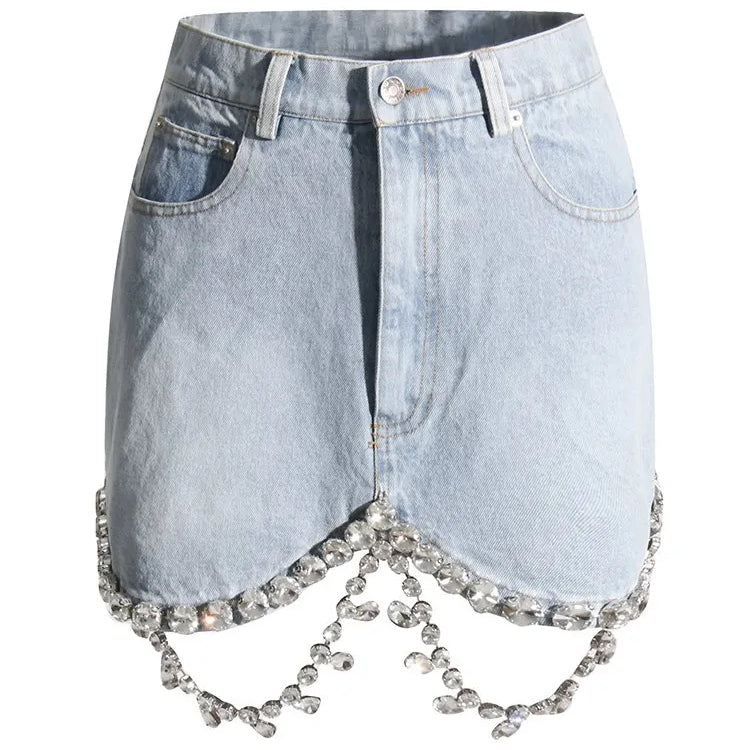 Spliced Diamonds Tassel Denim Two Piece Set For Women Lapel Long Sleeve Coat High Waist Mini Skirt Fashion Set LIGHTBLUE SKIRT