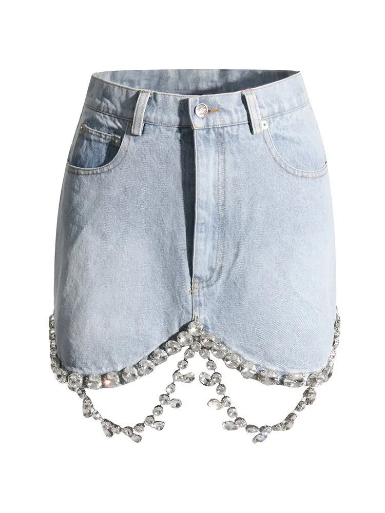 Spliced Diamonds Tassel Denim Two Piece Set For Women Lapel Long Sleeve Coat High Waist Mini Skirt Fashion Set LIGHTBLUE SKIRT