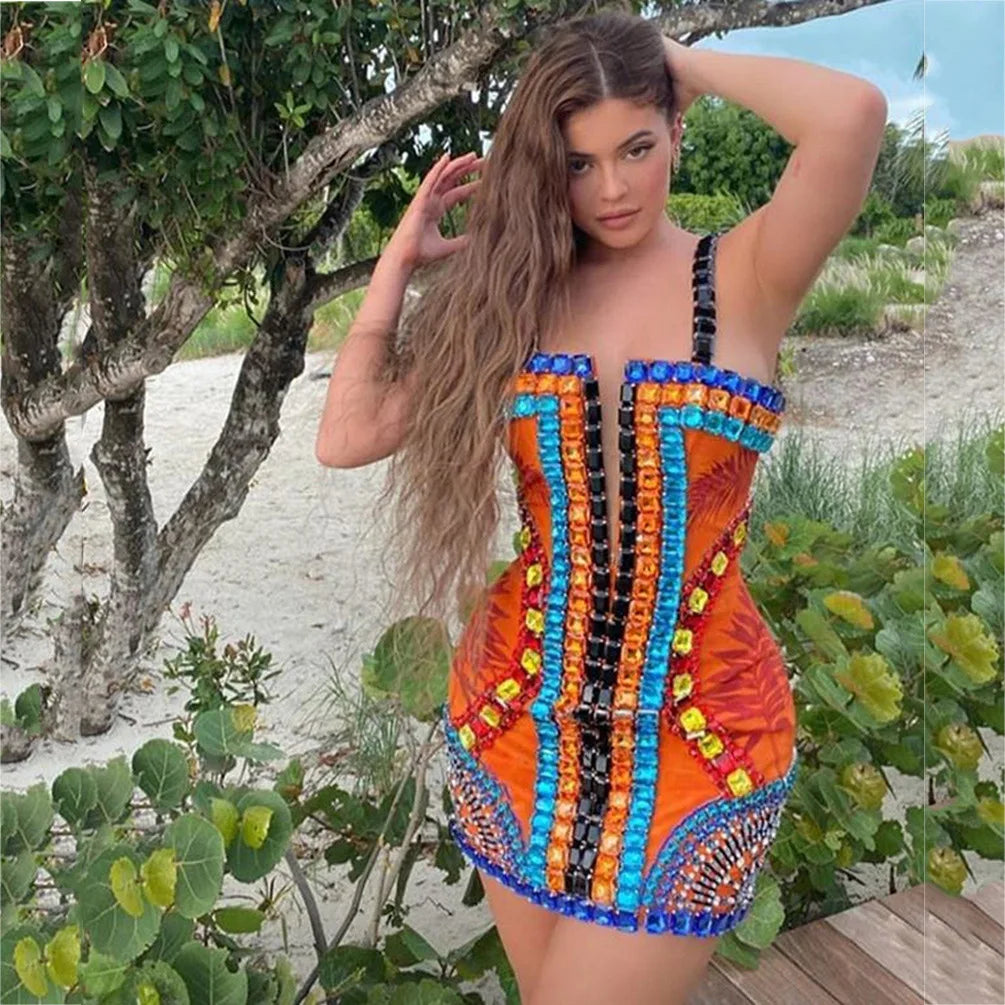Orange Luxury Beaded Bandage Dress Women Sexy Mesh Strap Printed Party Evening Dresses Fashion Elegant Bodycon Outfit BA163