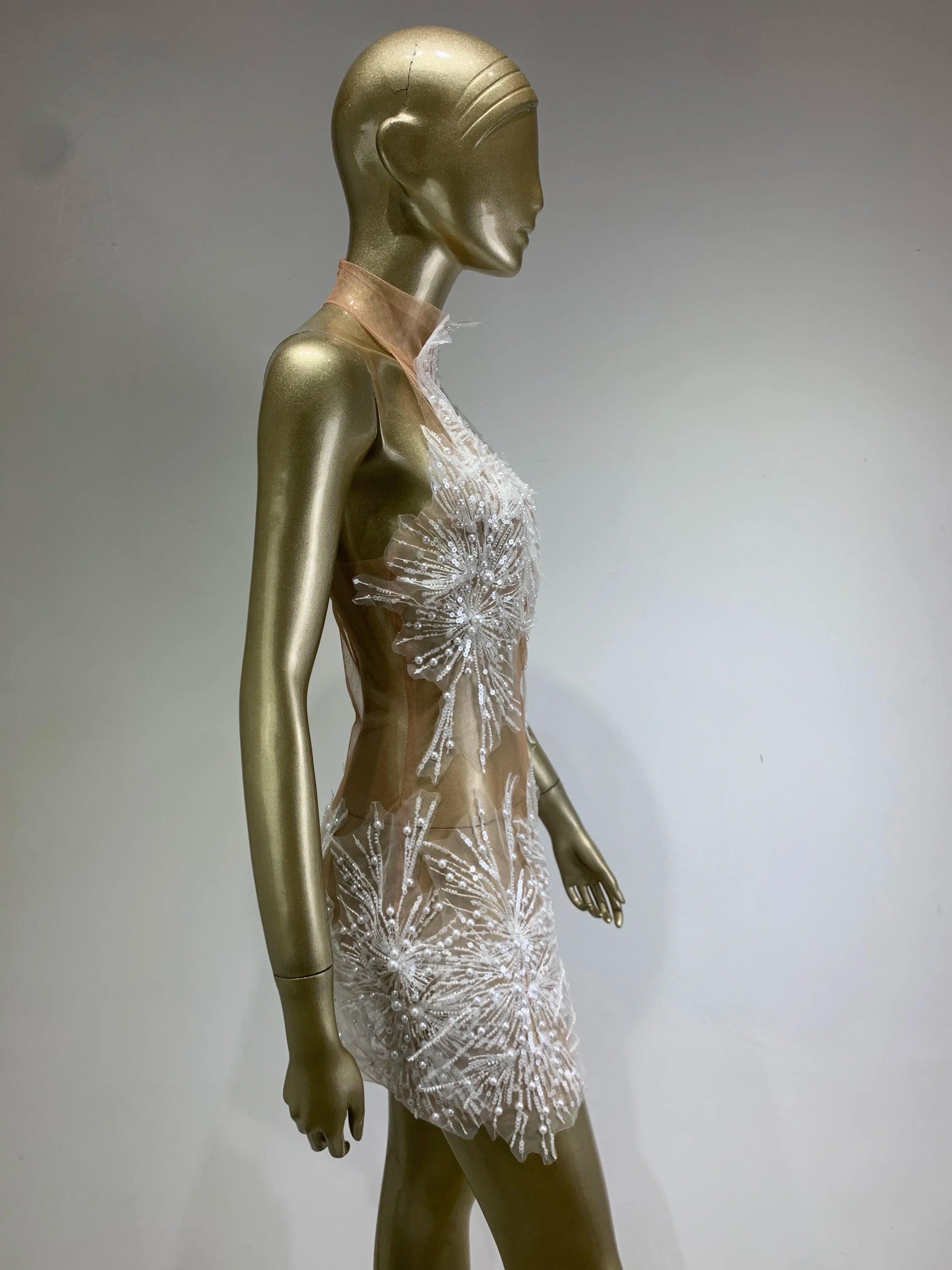 High Quality Women Sexy Off the Shoulder Mesh SeeThrough Bodycon Mini Dress Sequins Nightclub Party Celebrate Dress