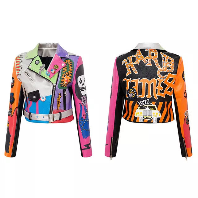 Spring Skull Pattern Graffiti Short Leather Jackets For Punk Women Rivet Slim Streetwear Motorcycle Jackets Coat 5
