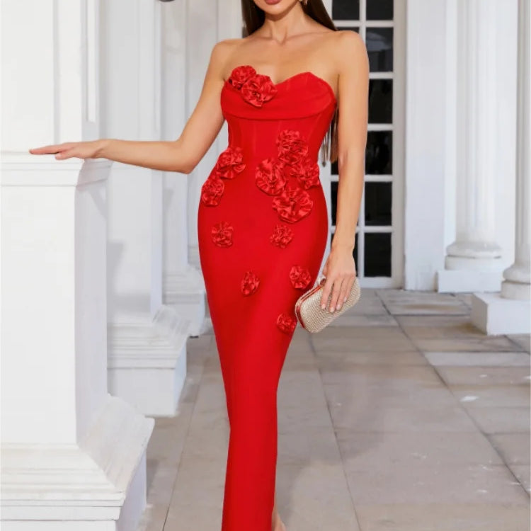 Pink Red Color Women Sexy Strapless Florals Bodycon Long Bandage Dress Evening Party Celebrate Birthday Outfit Vestido