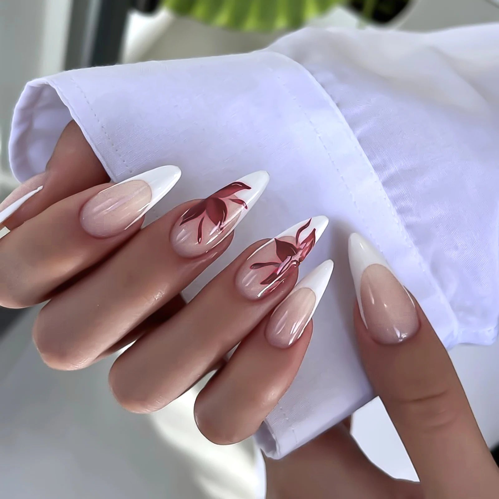 24Pcs White French Fake Nails Nude Color Almond Press On Nails Red Flower Printed Women Reusable False Nails DIY Manicure