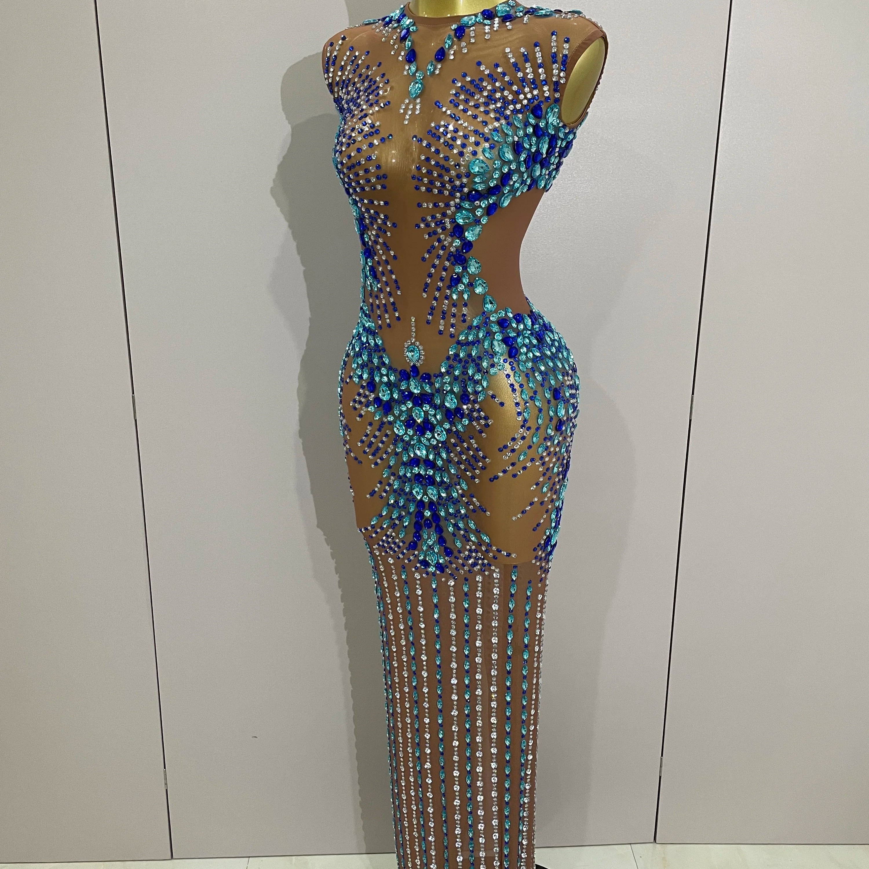 Luxury Sparkly Rhinestones Nude Sexy Mesh Maxi Dress 2025Women Evening Birthday Party Elegant Gown Show Red carpet Stage Costume