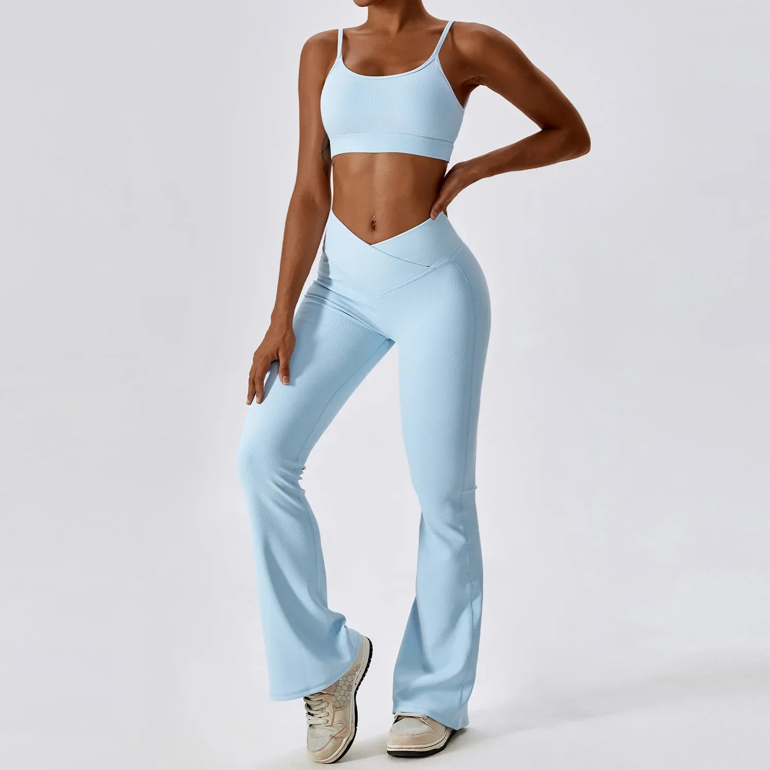 2PCS Seamless Yoga Set Gym Clothes Sportswear Yoga Suits For Women Fitness Rib Tracksuits Sports Bra Gym Leggings Sports Suits Sky Blue Set-1 CHINA