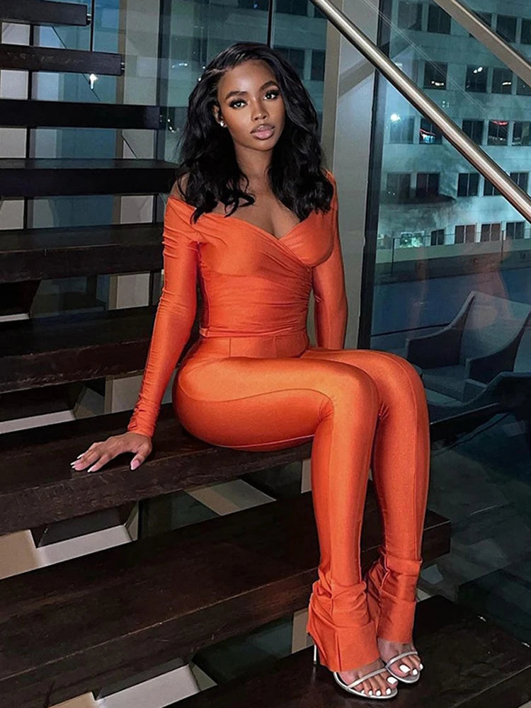 Ladies Off Shoulder Night Clubwear Y2K 2 Piece Long Sleeve V-Neck Folds Tees+Pencil Pants Fashion Club Streetwear Women Outfits Orange