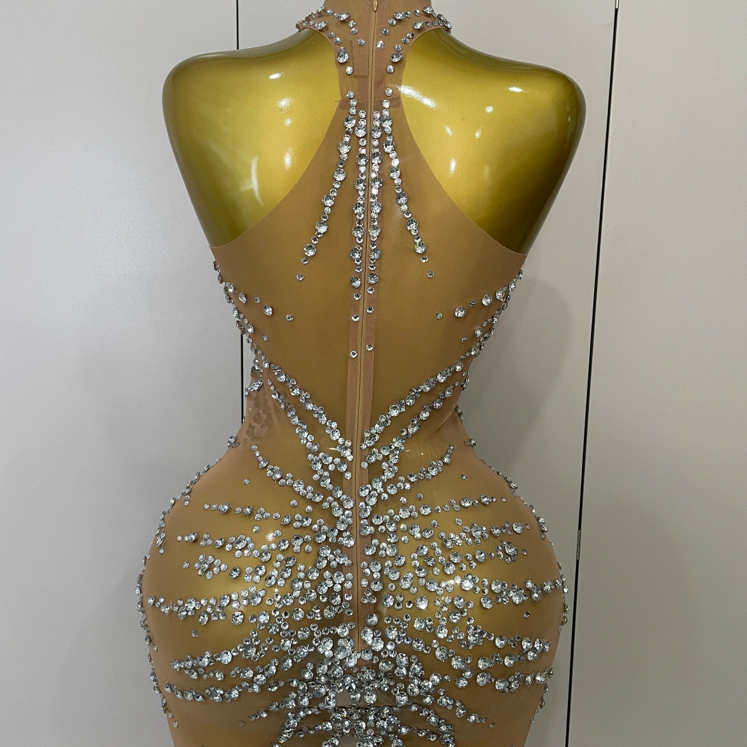 STOCK Sparkly Rhinestones Sexy Mesh See Through Dress Party Evening Prom Celebrate Birthday Dress Singer Dancer Show Stage Wear