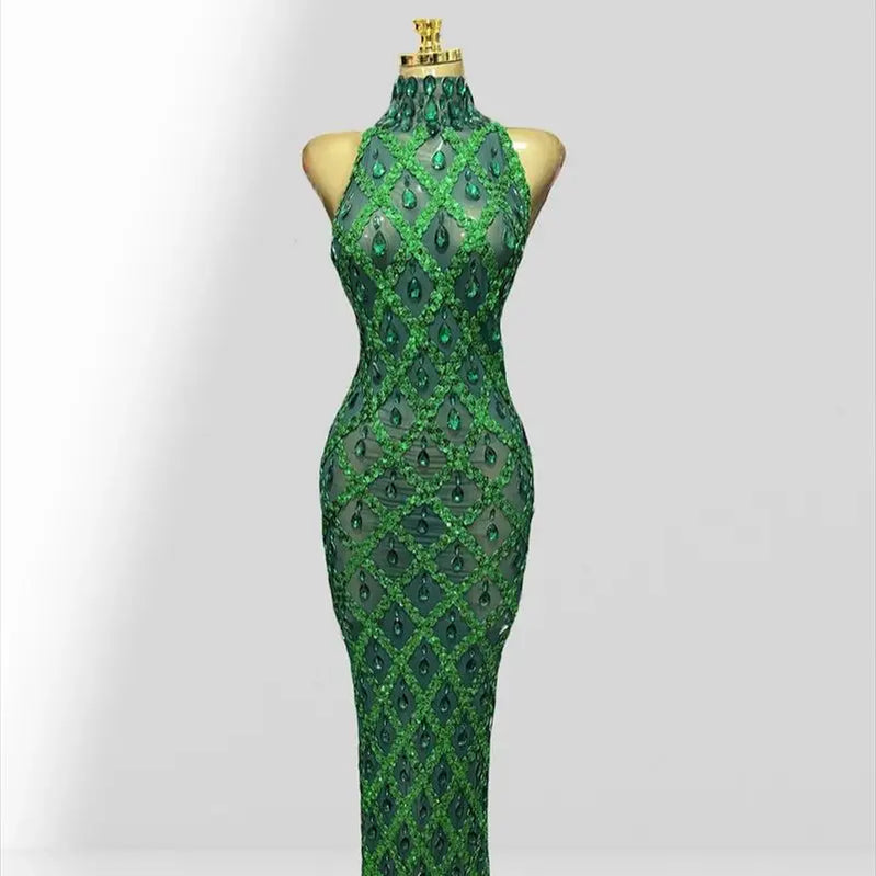 Woman Birthday Party Outfit Club Performance Costume Sparkling Diamond Green Sequins Sexy Mesh see Through Ankle Length Dress