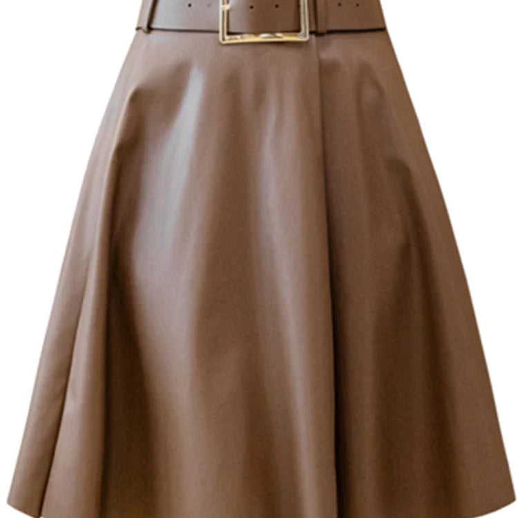 REALEFT Women's PU Leather Skirts With Belted 2022 New Fashion Solid Color High Waist Casual Short Ladies A-Line Skirts Female