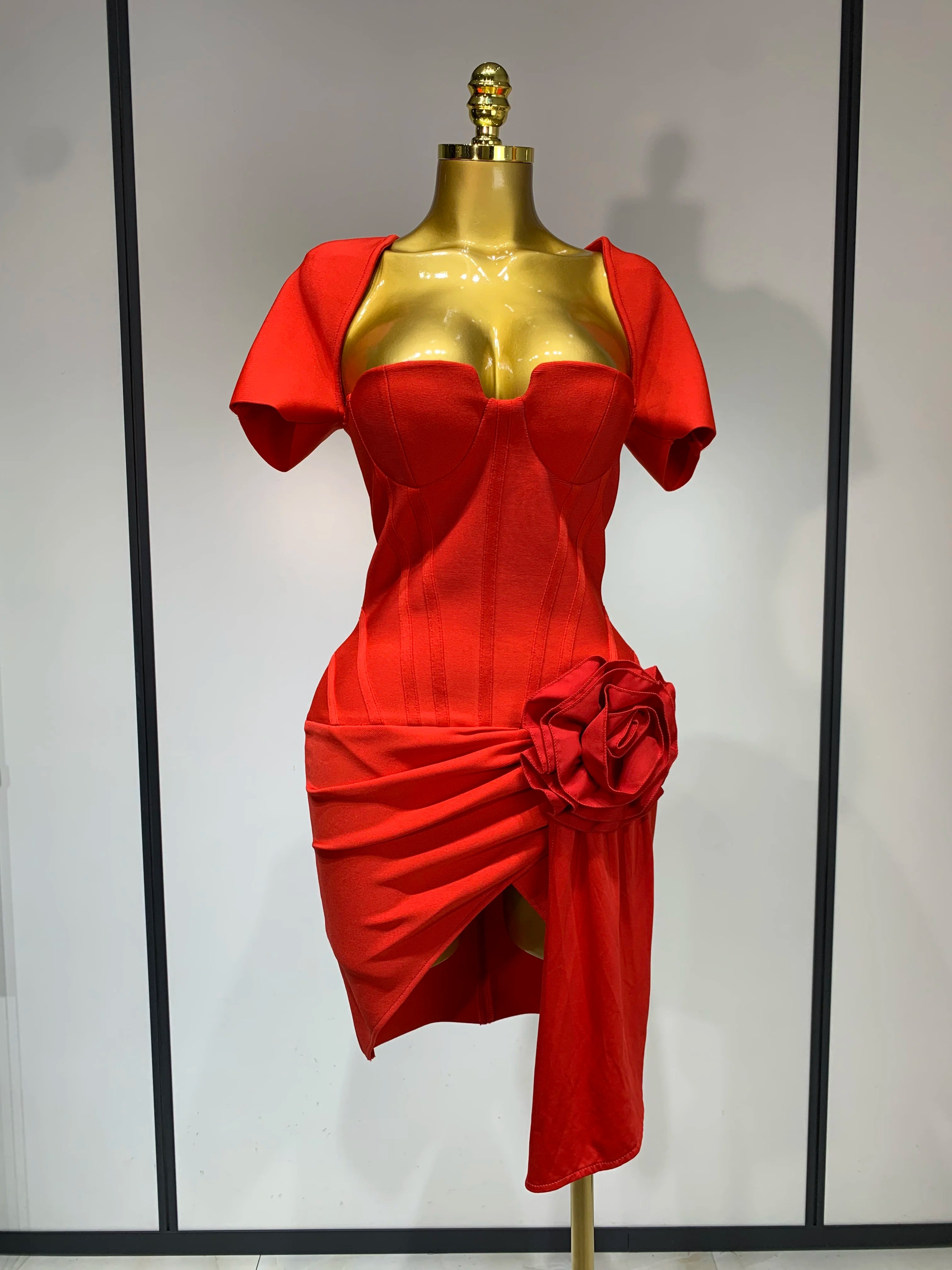 Women Sexy Short Sleeve Square Collar Bodycon Mini Bandage Dress Celebrity Red Carpet Dress Flower Luxury Birthday Outfit