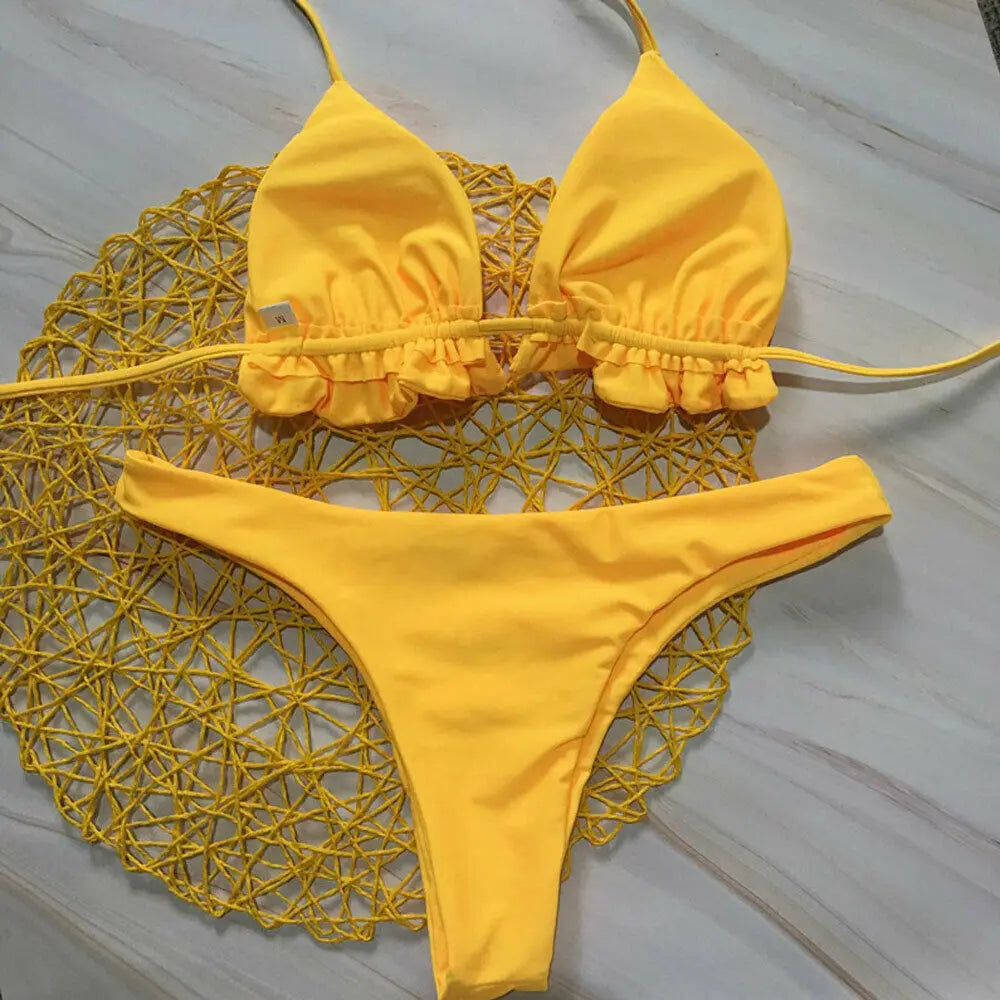Summer Women Sexy Bandage Brazilian Bikini Set Top Thong Bottom Set Beach Push-up Swimwear Ladies Lace Up Swimsuit Beachwear Yellow