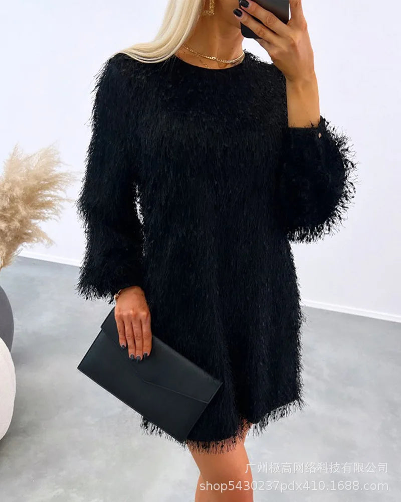 Women Dresses Spring Fashion Fluffy O-Neck Casual Plain Long Sleeve Daily Mini Straight Dress Woman Clothing black