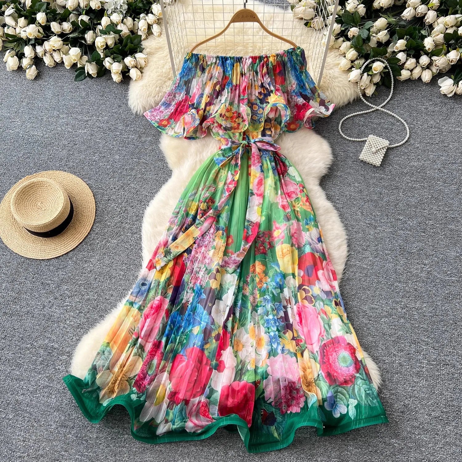 Summer Off Shoulder Gorgeous Flower Holiday Dress Women's Slash Neck Ruffles Batwing Sleeve Print Casual A-Line Beach Vestidos