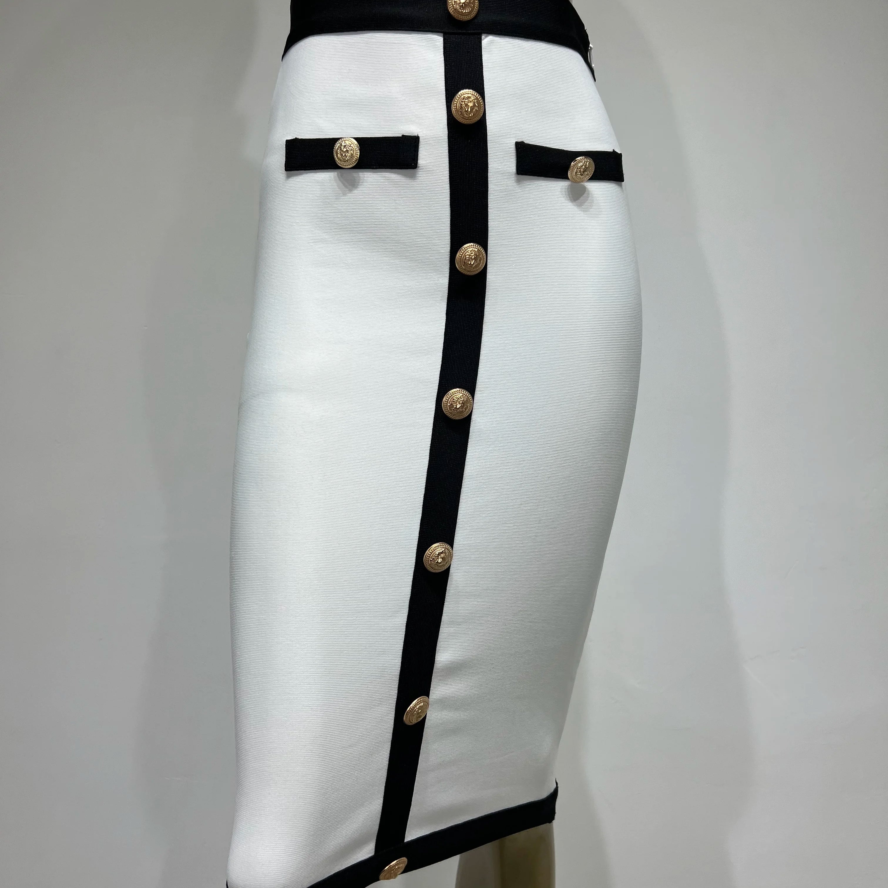 est Women Button Patchwork White Black Bodycon Bandage Skirt 2023 Designer High Waist Party Club Pencil Skirt 60cm