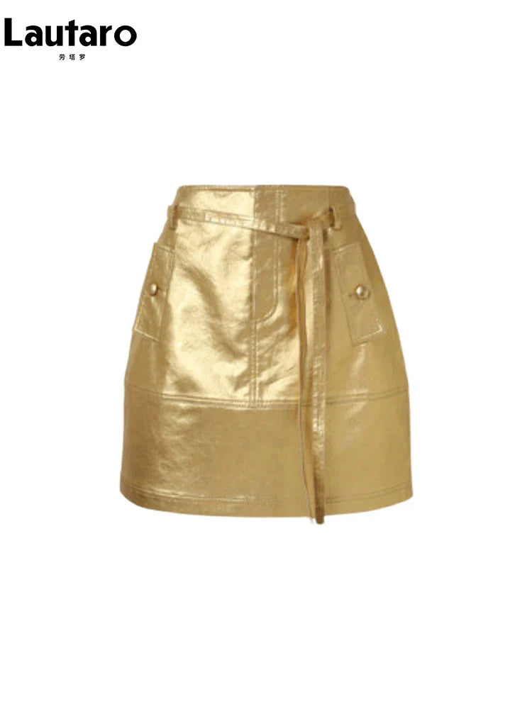 Summer Autumn Gold Shiny Faux Leather Skirt Women with Sashes A Line Korean Style Clothes Streetwear 2023 Runway Fashion