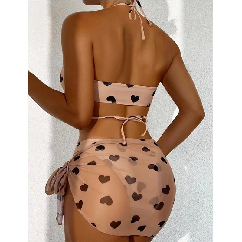 Women 3pack Heart Print Bikini Sets With Skirt Bandeau Swimsuit Thong Swimwear Beach Cover-Up Push Up Biquinis Bathing Suit