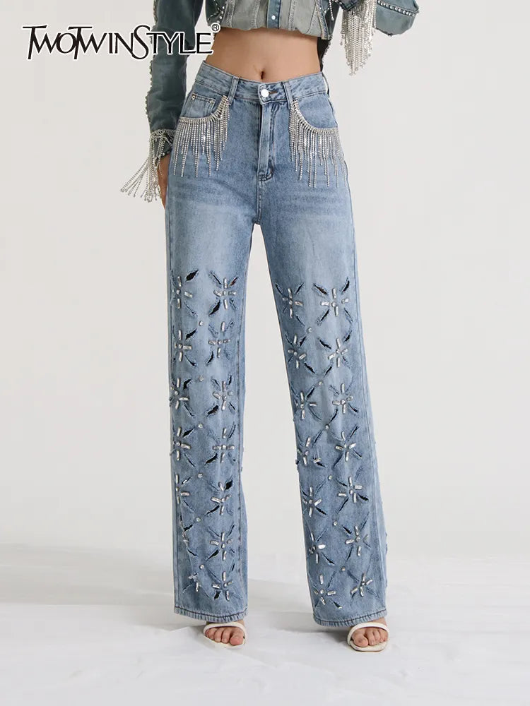 TWOTWINSTYLE Hollow Out Casual Jeans For Women Highh Waist Patchwork Tassel Chic Straight Wide Leg Jean Female Fashion Clothing