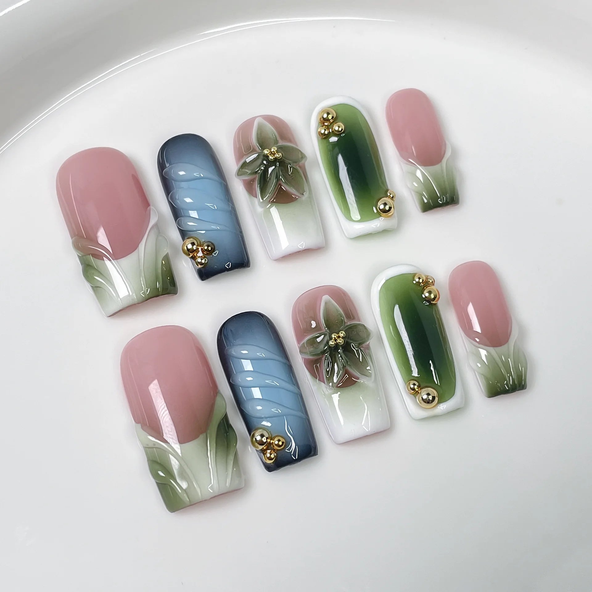 10Pcs Medium Coffin Handmade Press on Nails Green French Gradient Florals 3D Designs Stick on False Nails Wearable Manicure Tips