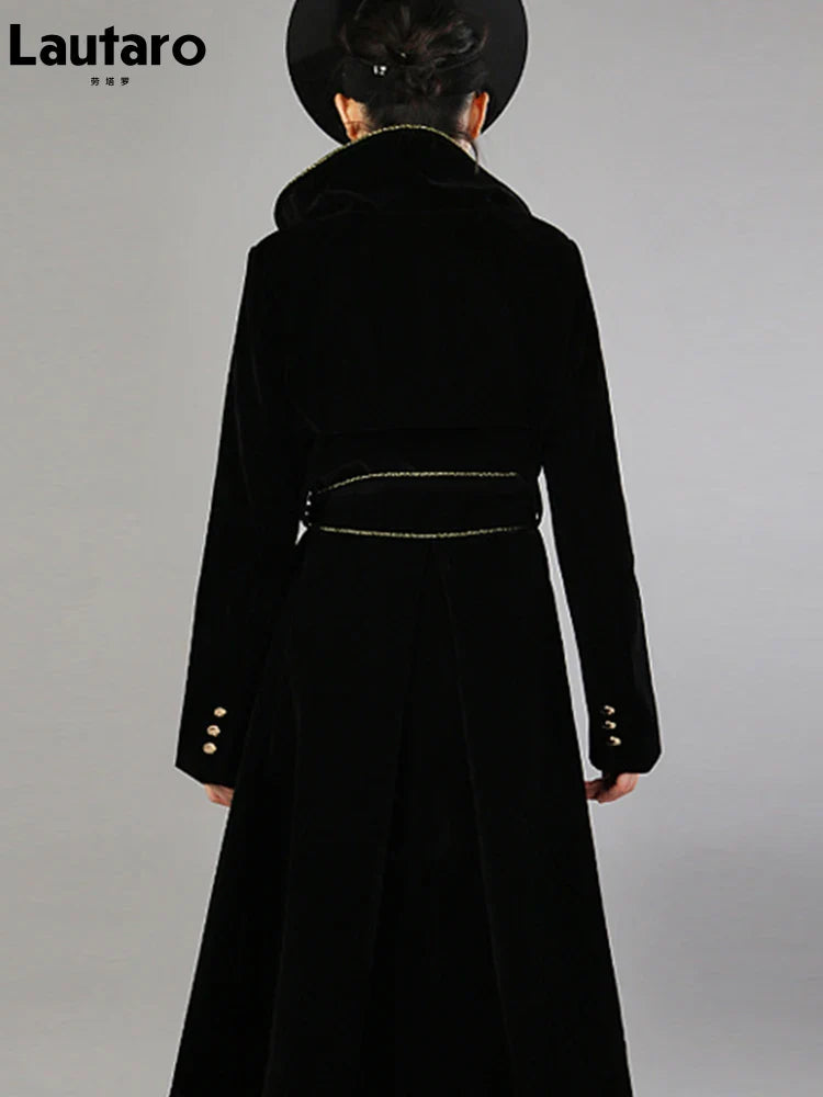 Spring Autumn Long Black Velvet Trench Coat for Women with Gold Trim Sashes Double Breasted Luxury Designer Fashion 2022